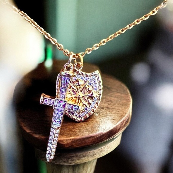 Sparkling Gold Toned Cross Sword Necklace with Shield DND Paladin - Picture 4 of 17